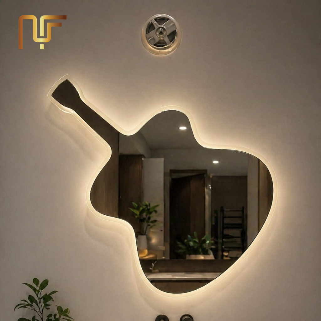 Bathroom vanity with a unique shaped mirror and decorative elements.