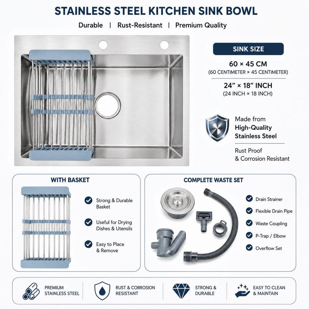Stainless Steel Kitchen Sink Bowl 60×45 CM | With Basket & Waste Set