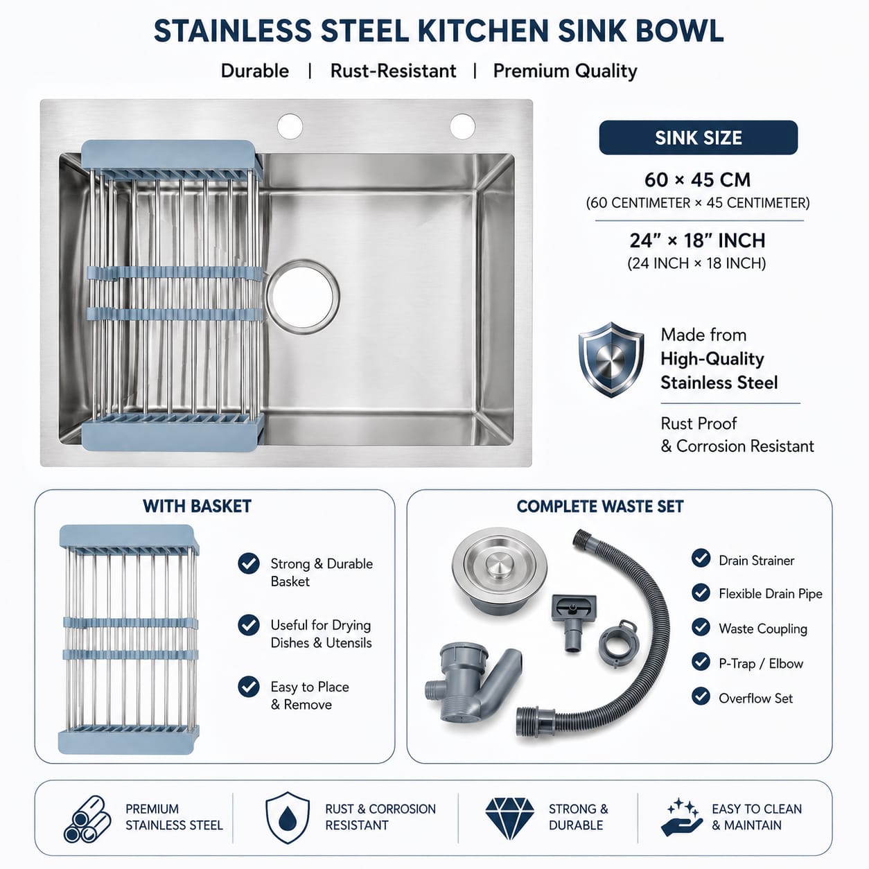 Stainless Steel Kitchen Sink Bowl 60×45 CM | With Basket & Waste Set