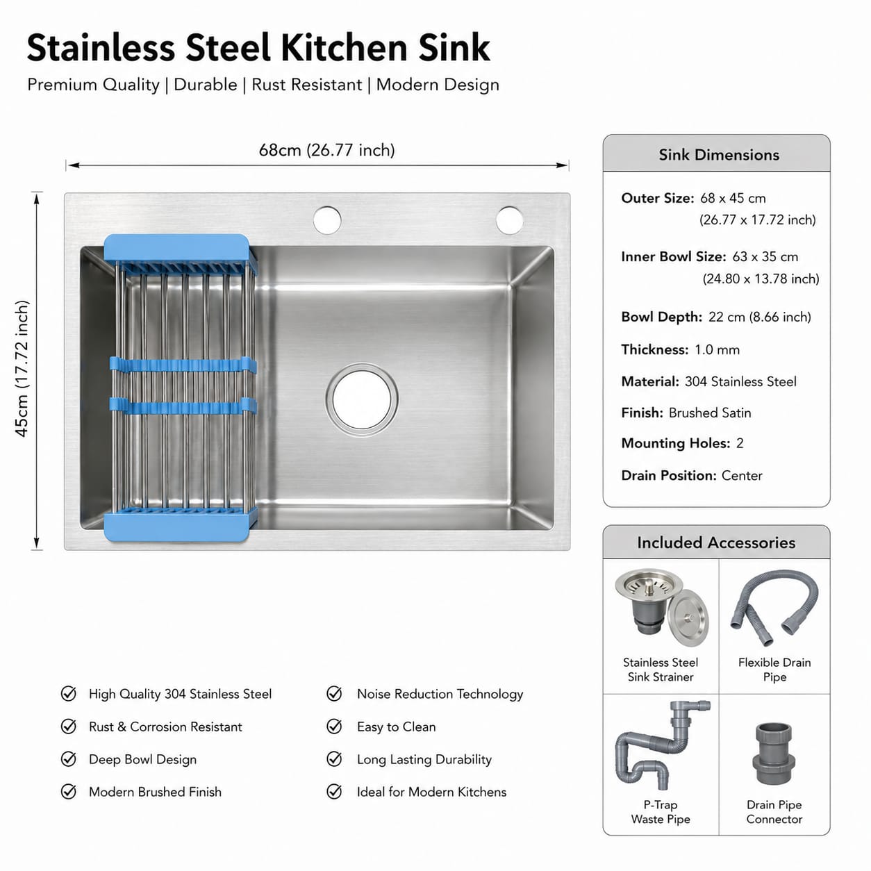 Stainless Steel Kitchen Sink Bowl 68×45 CM | With Basket & Waste Set