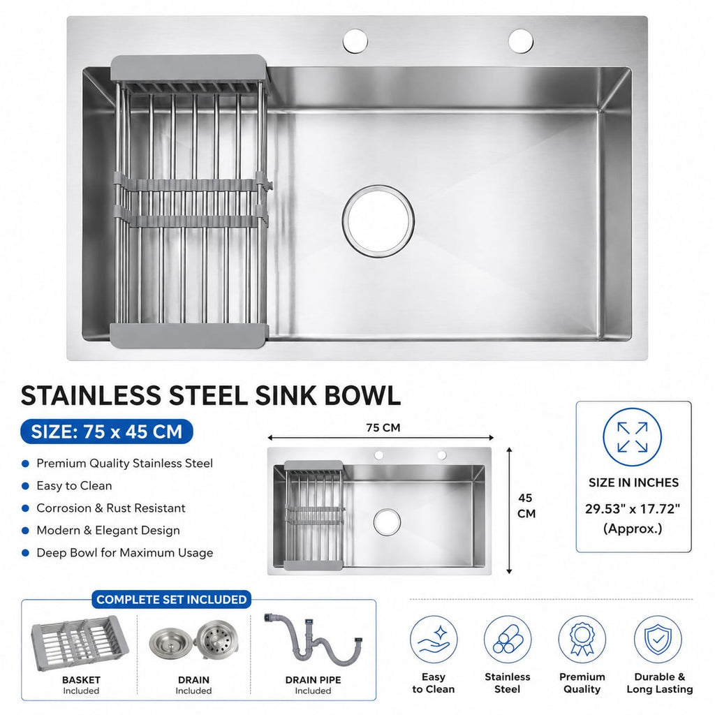 Stainless Steel Kitchen Sink Bowl 75×45 CM | With Basket & Drain Set